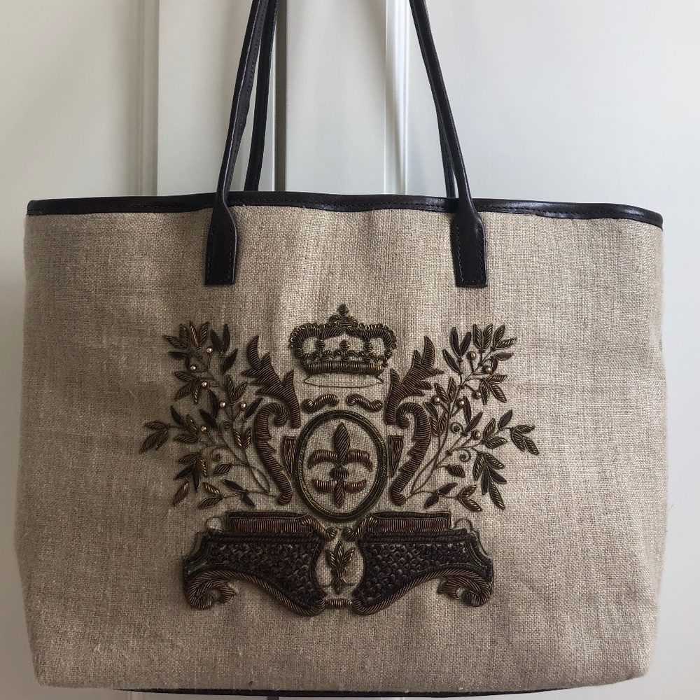 Handbag, Linen with embroidery by Clever Carriage Company,   16" w x 11" h